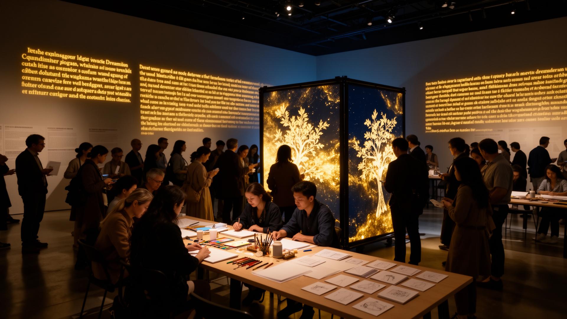 Indoor immersive dream activation with people writing at tables
